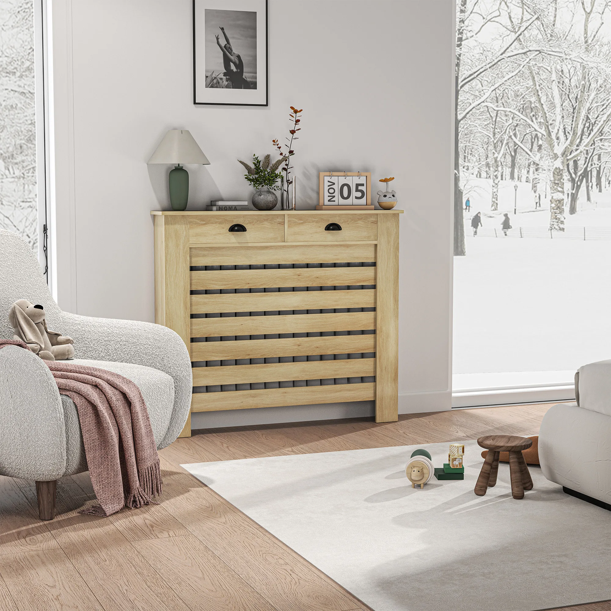 Homcom Radiatorhoezen met lade Mdf Radiatorhoes Radiatorhoes voor woonkamer slaapkamer hal 111X19X95,5 cm Eiken