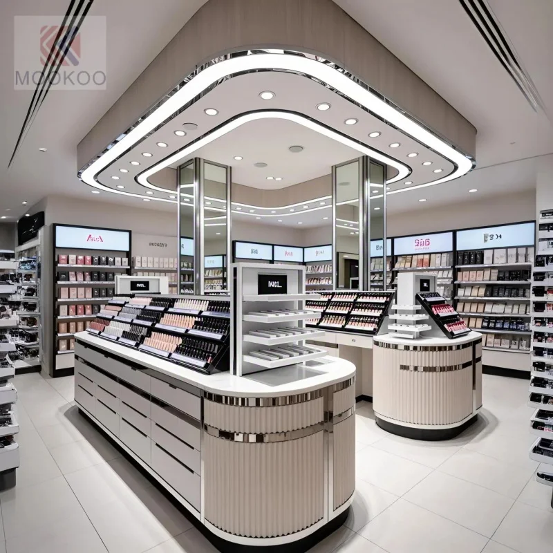 custom.Modern Cosmetics Display Cabinet Premium Showcases with LED Lighting and Metal/Glass Shelves Effective Product Presen