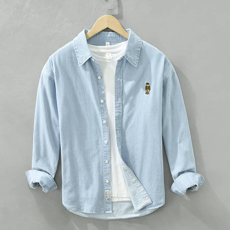 

Fre Embroidered Long Sve Cotton Denim irt Men's Retro Casual Youth Artistic Versatile Pure Cotton irt Jaet