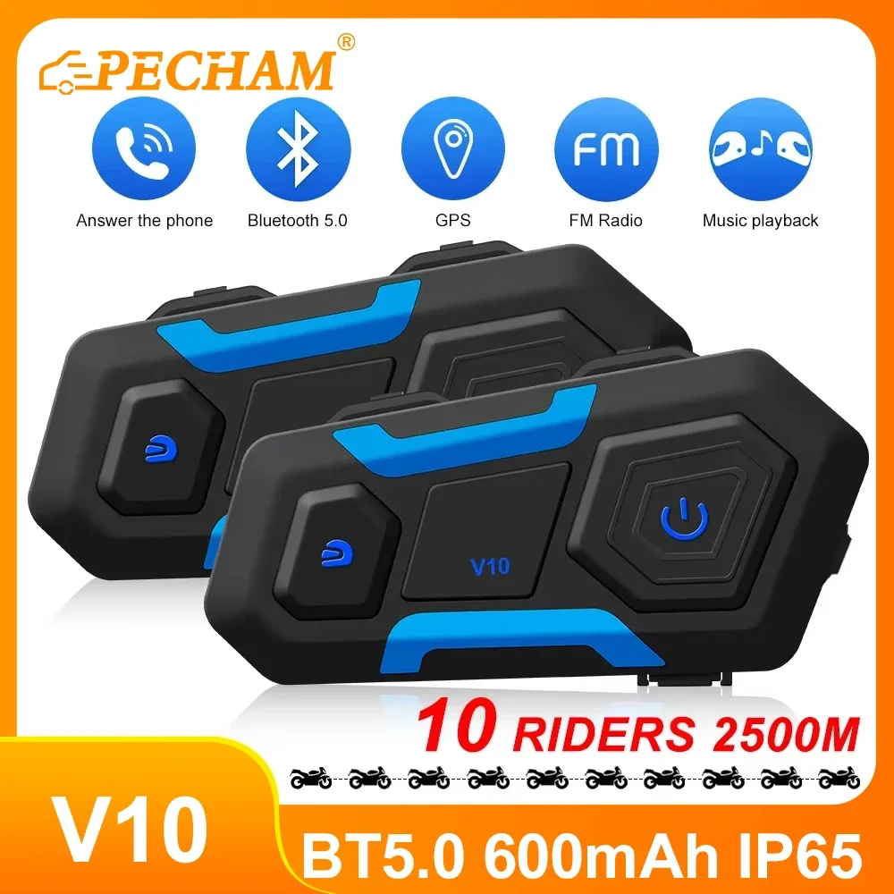 

Беспроводная Bluetooth-гарнитура V10 BT5.0 для мотоциклетного шлема, мотоциклетный интерком-динамик для 10 райдеров, аккумулятор 600 мАч, FM-радио, обмен музыкой