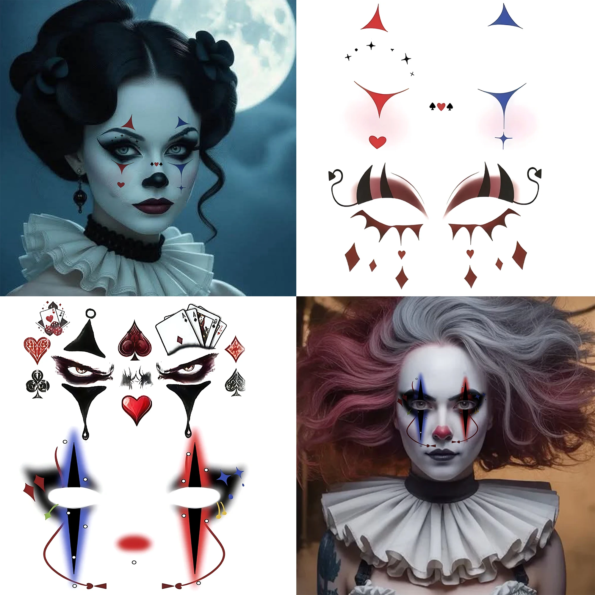 4 Sheets Scary Evil Bloody Grin Joker Face Halloween Temporary Tattoo Eye Face Makeup Stickers, Waterproof Realistic Fake Tatoos