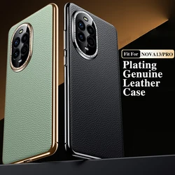 Original Leather Case For HUAWEI NOVA 13 PRO / NOVA13 Plating Genuine cowhide Lichee Pattern Protection Shockproof Hard Cover