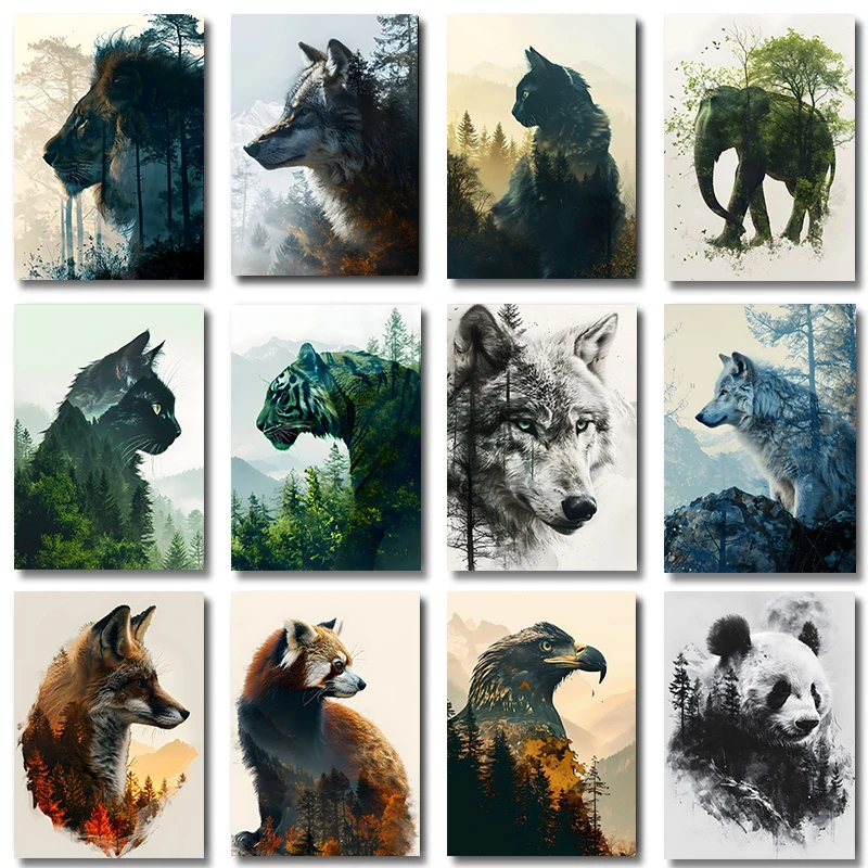 Animal and Forest Poster Eagle Wolf Tiger Lion Cat Panda Fox Tree Canvas  for Living Room Home Decor Wall Art Mural