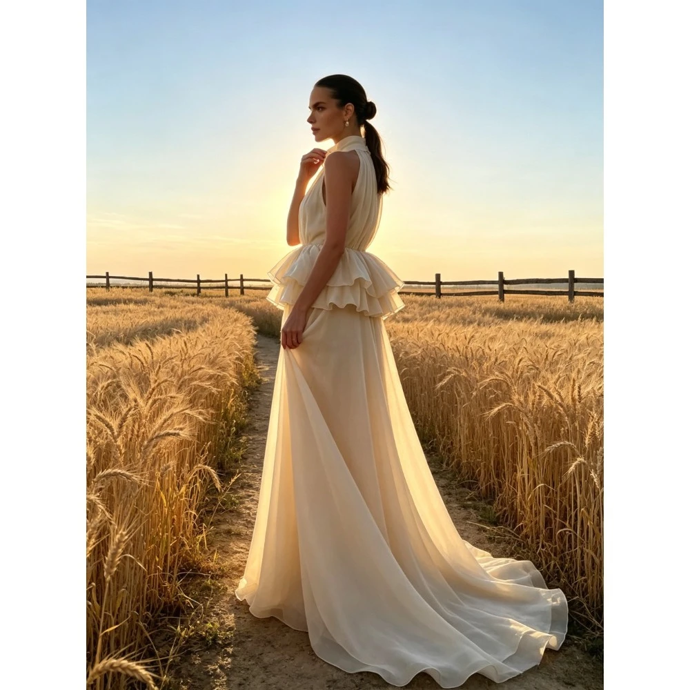 Customized Halter High Neck Satin Two Piece Wedding Dresses Ruffled Peplum Top Flowy Skirt Minimalist Elopement Bridal Gowns
