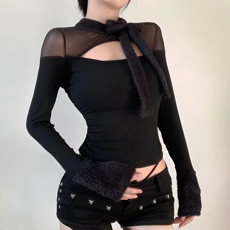 Goth Dark Elegant Fashion Mesh Patchwork Knit Slim Tops Mall Gothic Techwear Sexy Hollow Out T-shirts Fairy Women Slim T-shirt