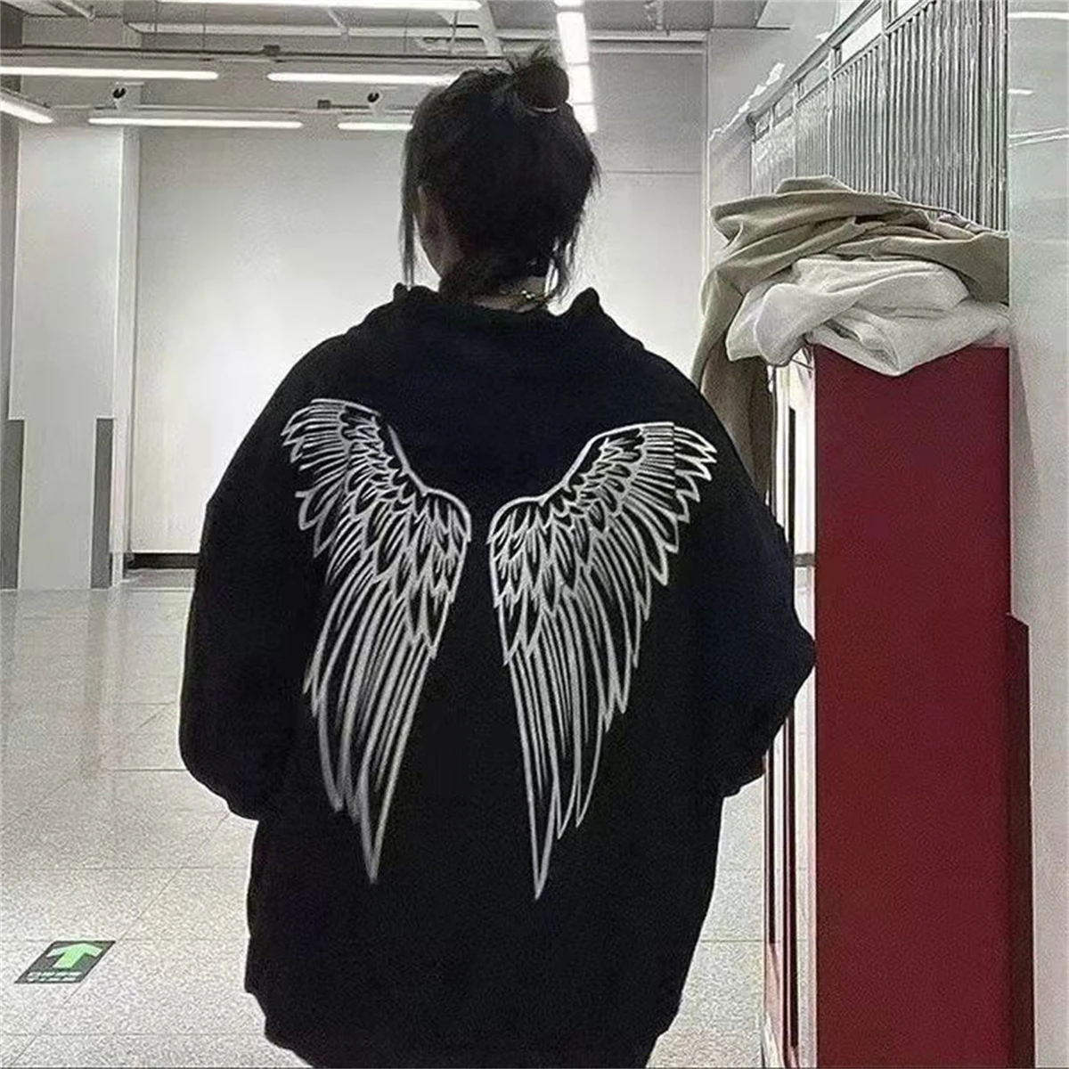 Fashion Cartoon Wings Print Hoodie Sweatshirt Oversize Women Spring Autumn Funny Punk Hoodies Tops Females Couple Hoodie Girl