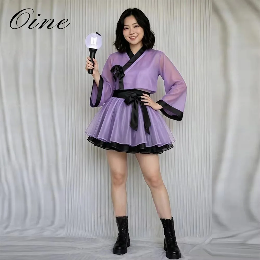 Oine Mini Contrast Color A Line Hanbok Dress Long Sleeves Korea Wedding Photo Shoot Dress Bow Prom Party Dress Customized