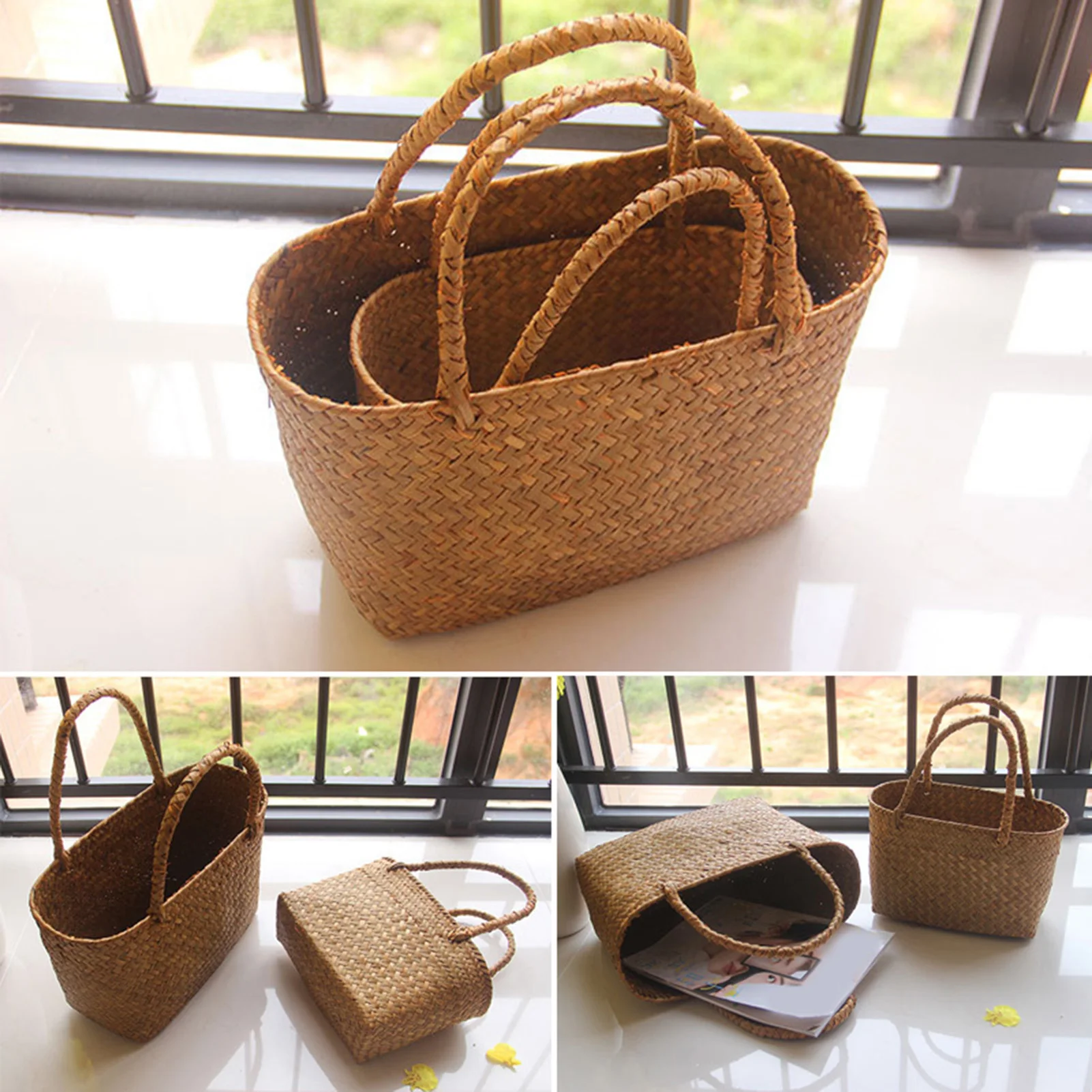 Seaweeds Woven Basket Bag Durable Laundry Basket Market Bag for Home Gardening Living Room