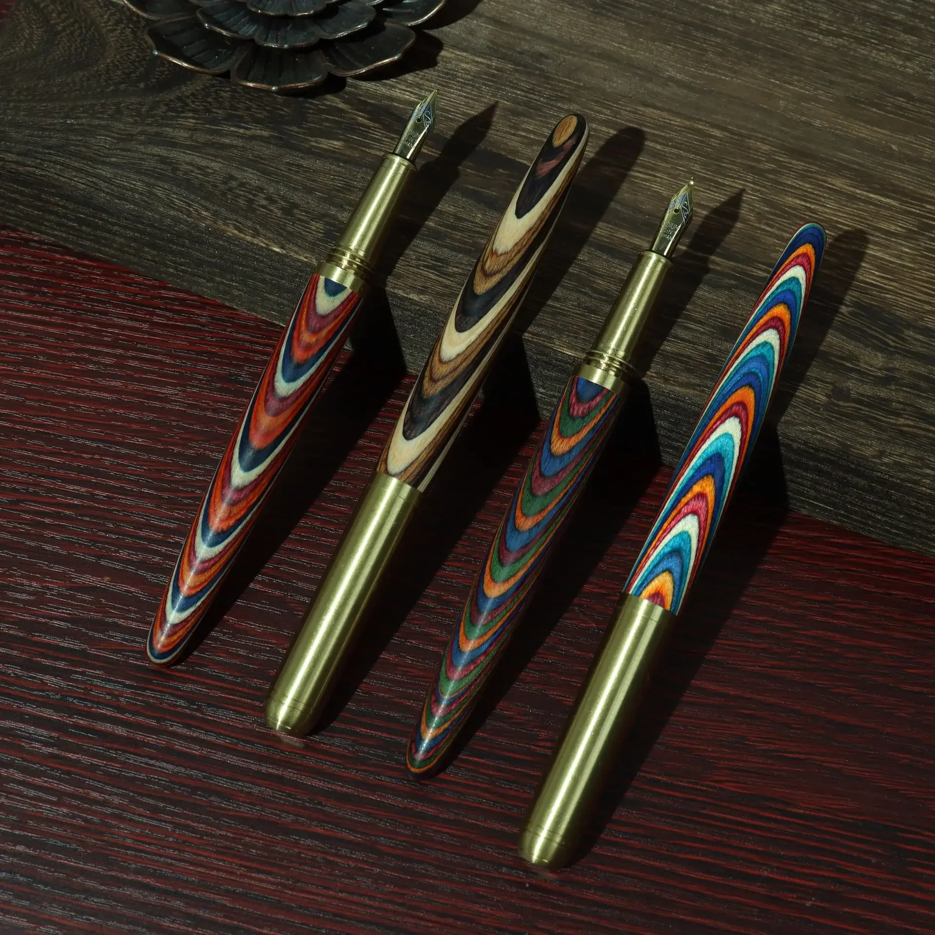 2PCS  Brass Colorful Solid Wood Rod Business Ink Bag Pen Set Student Creative Gift Pen