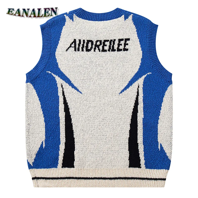 Harajuku Vintage Motorcycle Sweater Vest Men's Winter Casual Oversized Blue Pink Knitted Sleeveless Pullover Women's Ugly Sweate