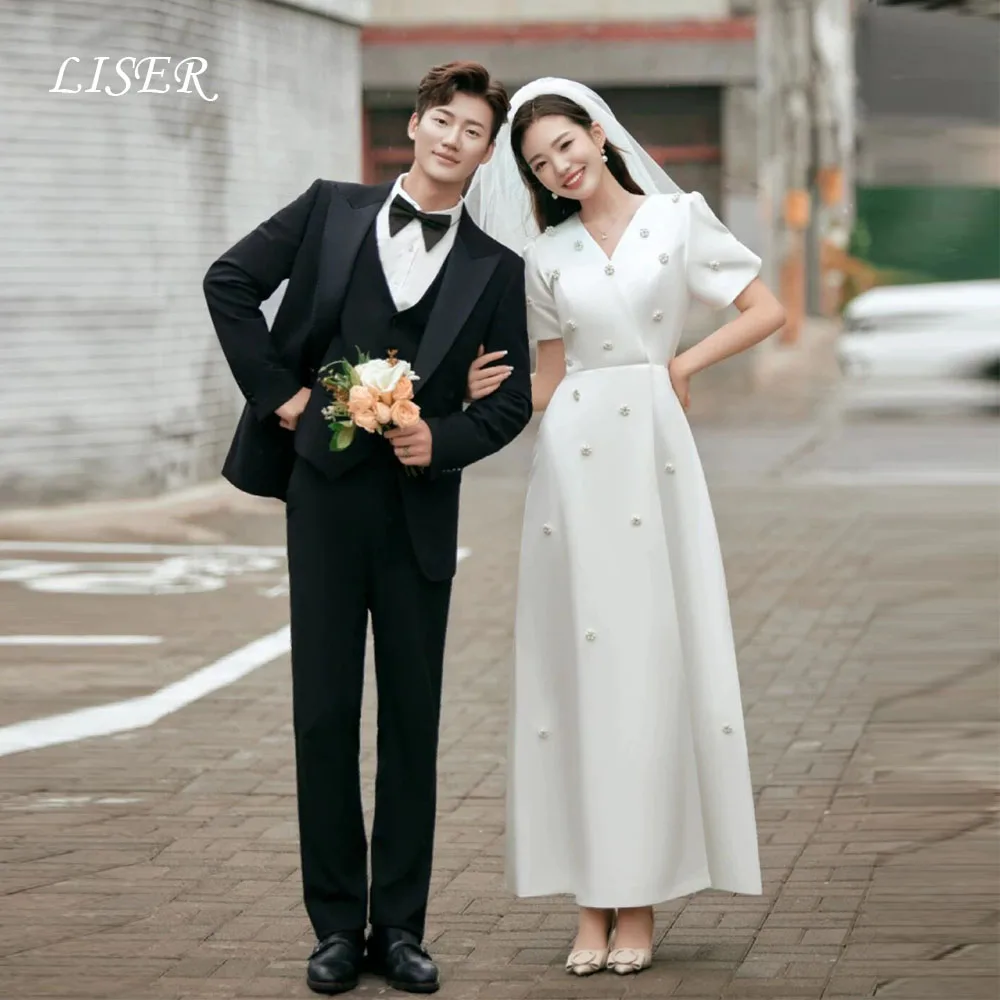 Liser V-Ausschnitt, schlichte Perlen, A-Linie, koreanische Brautkleider, Seidensatin, kurze Ärmel, elegante Brautkleider, Fotoshooting, Osten 2014, Özelleştirme