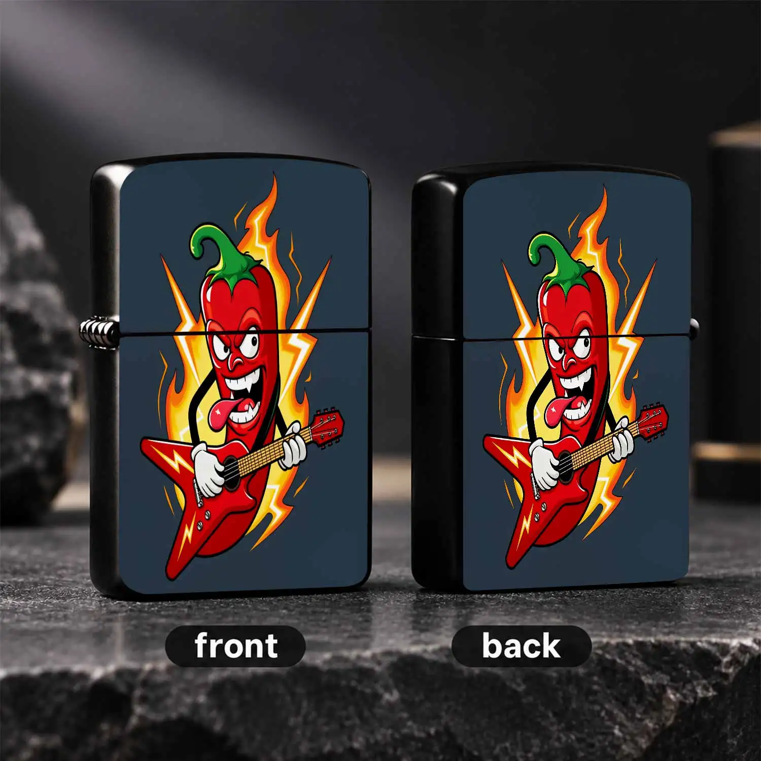 Trendy Chili Rocker Print Lighter, Cool Fiery Lightning Cartoon Chili Character Playing Guitar Design, Portable Stylish Igniter For Outdoor Camping, Home Daily Use, Party Decor, Unique Exquisite Gift Forenthusiasts And A Humorous And Intere