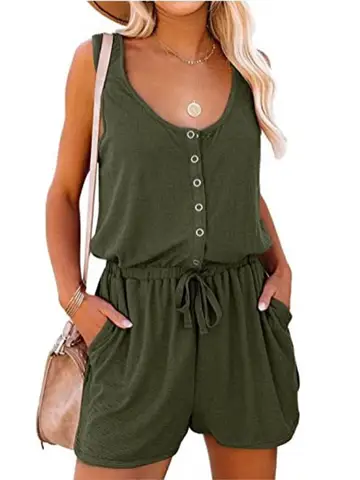 Women's Summer Sleeveless Jumpsuit With Waist Cinching And Lace Up, Casual Loose Wide Leg Shorts Casual Loose Wide Leg Shorts