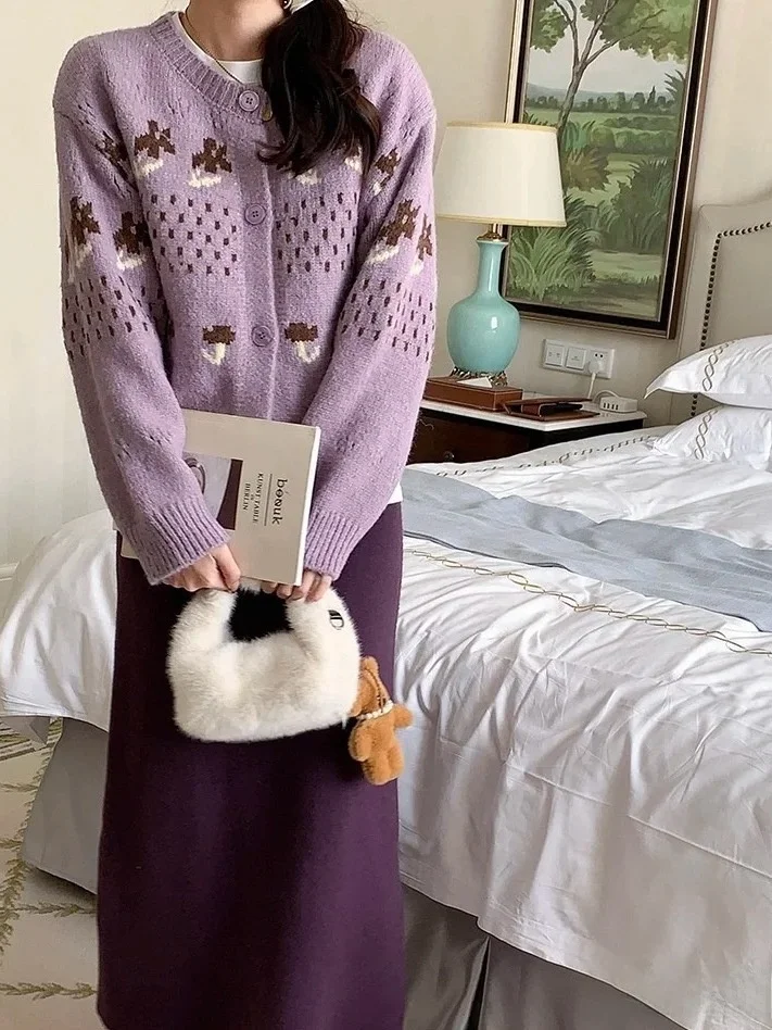 

e Knitted round Ne Open Cardigan Soft Warm Floral Crt Women's Long Sve Outerwear Purple Korean Sle Loose Fit