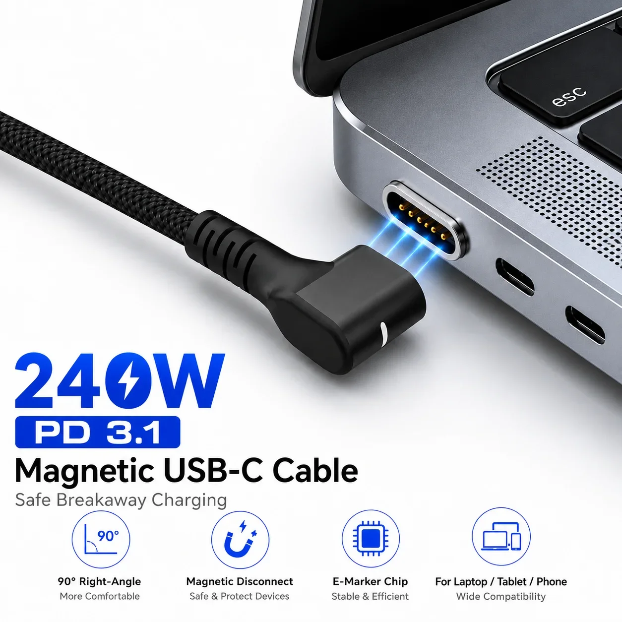 240W PD 3.1 Magnetisches USB-C Ladekabel 90 Grad USB-C zu USB-C Schnellladekabel mit Trennfunktion für Laptops und Tablets