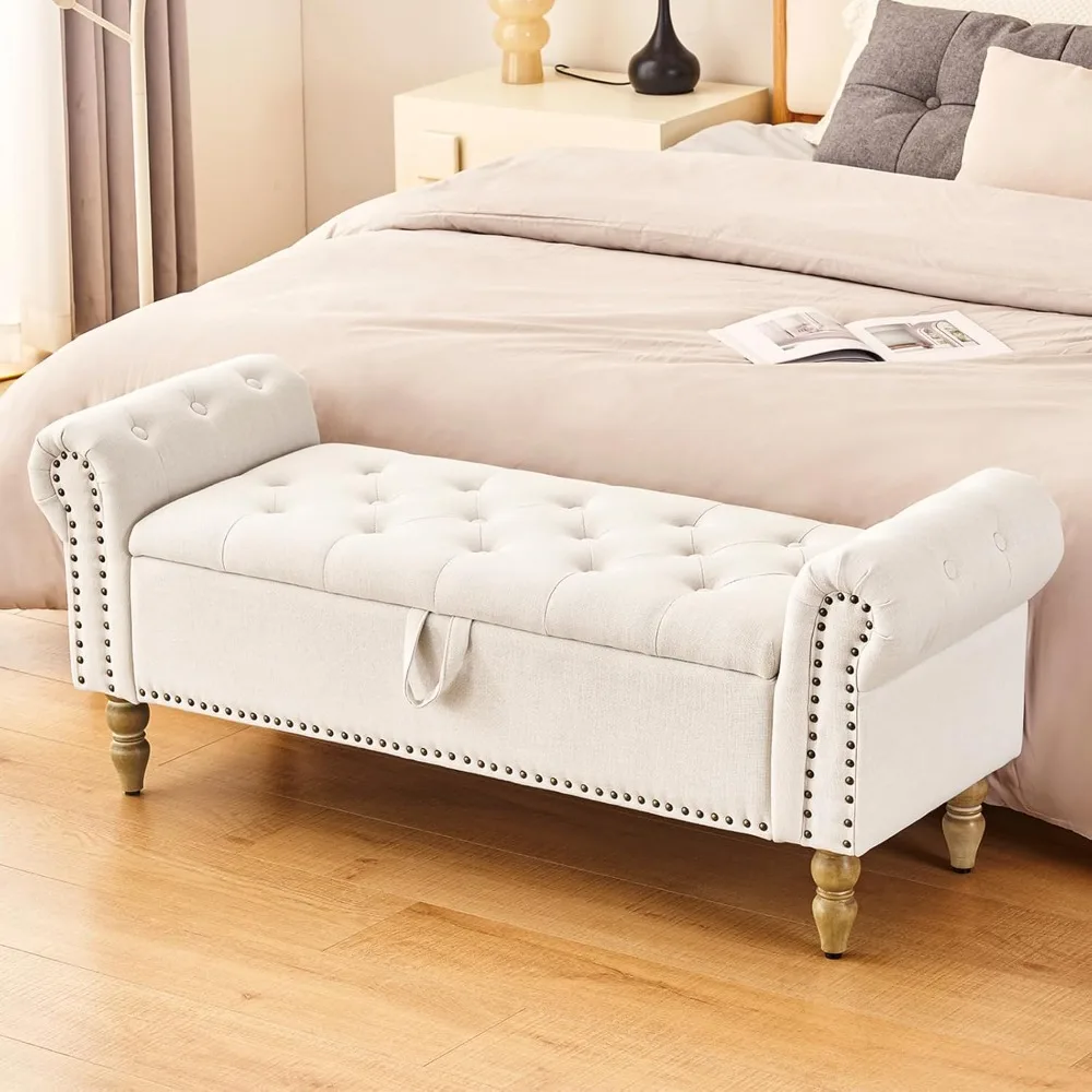 Storage Bedroom Bench for End of Bed, Faux Linen Upholstered Storage Ottoman with Rolled Arms for Bedroom,Living Room, Entryway