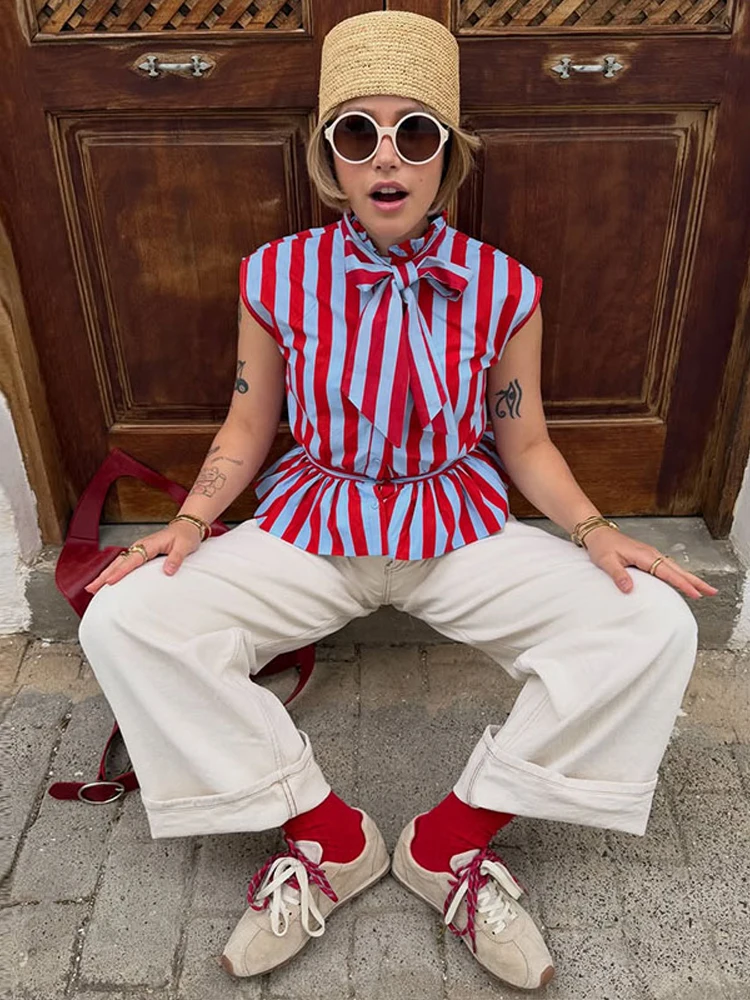 Women's Blouses Striped Shirt Bow Lace Up Waistcoats Street Lady Stand Collar Sleeveless Button Panelled Slim Partywear New Tops