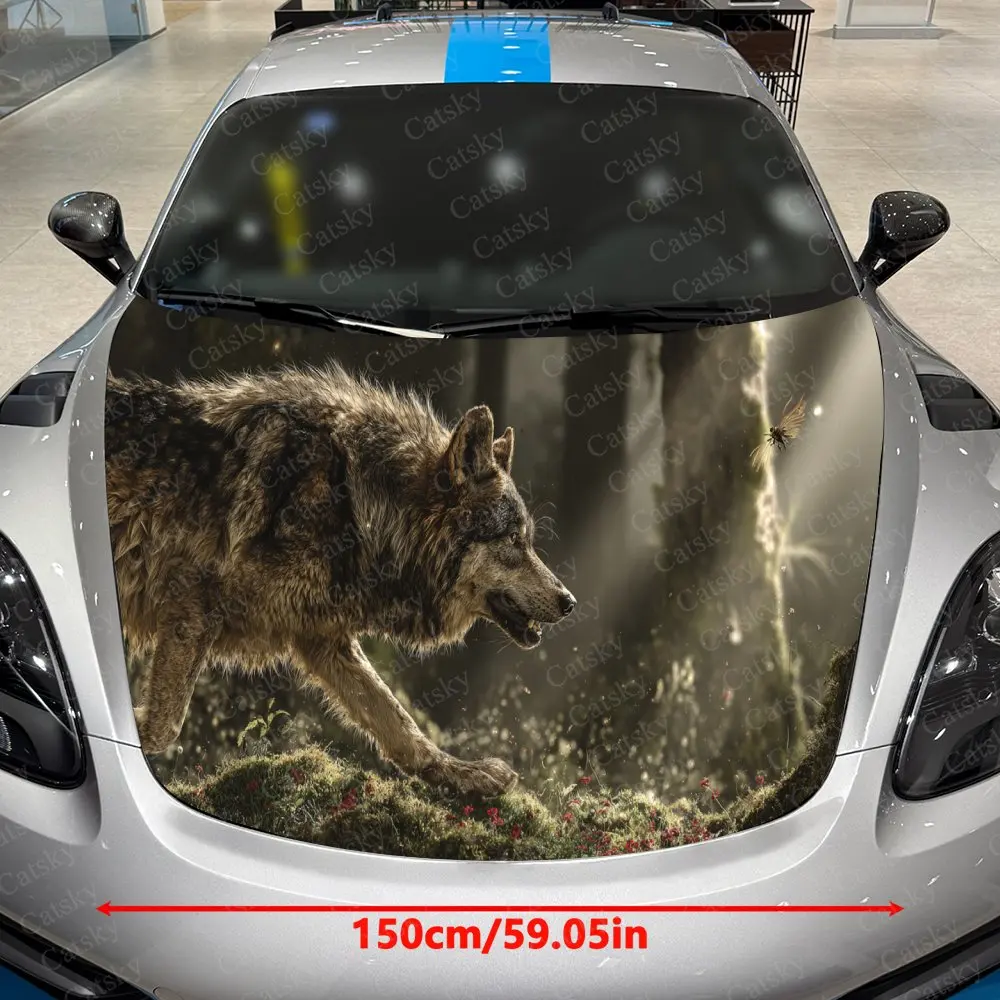Misty Forest Mossy Tundra Lone Wolf Car Vinyl Wrap, PVC Waterproof Car Hood Sticker, Self-Adhesive Scratch-Resistant Stickers