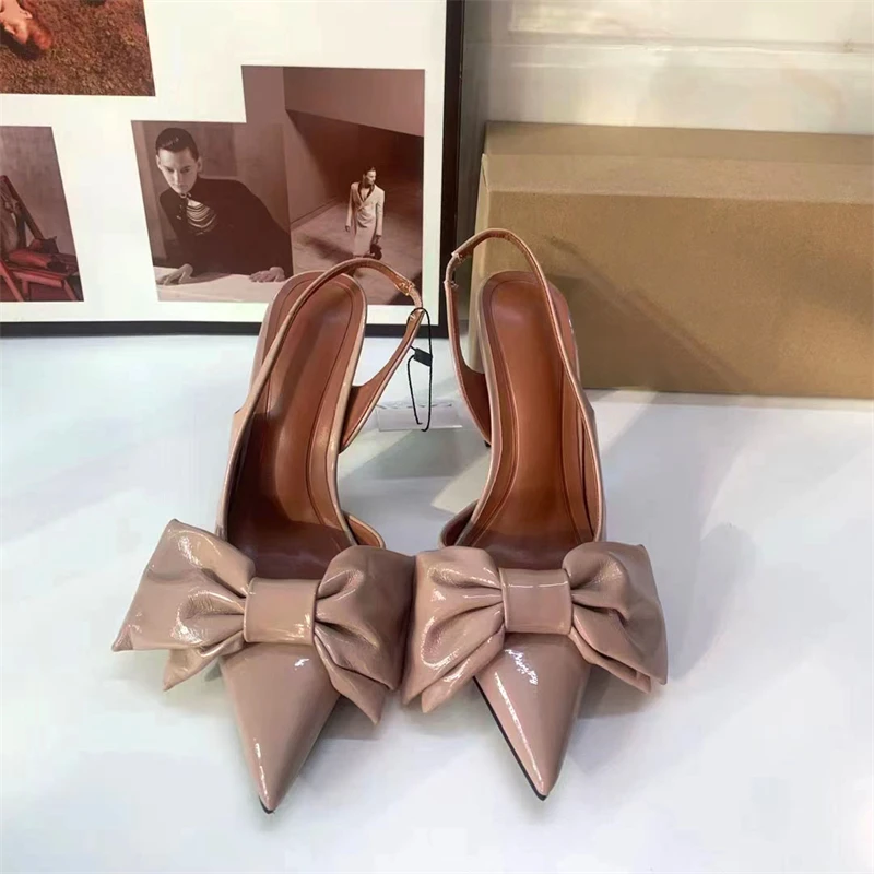 Pink Bow Knoit High Heels Stilettos For Woman Autumn Point Head Thin Heel Slingacks Pumps Women Patent Leather Sandal Shoes New