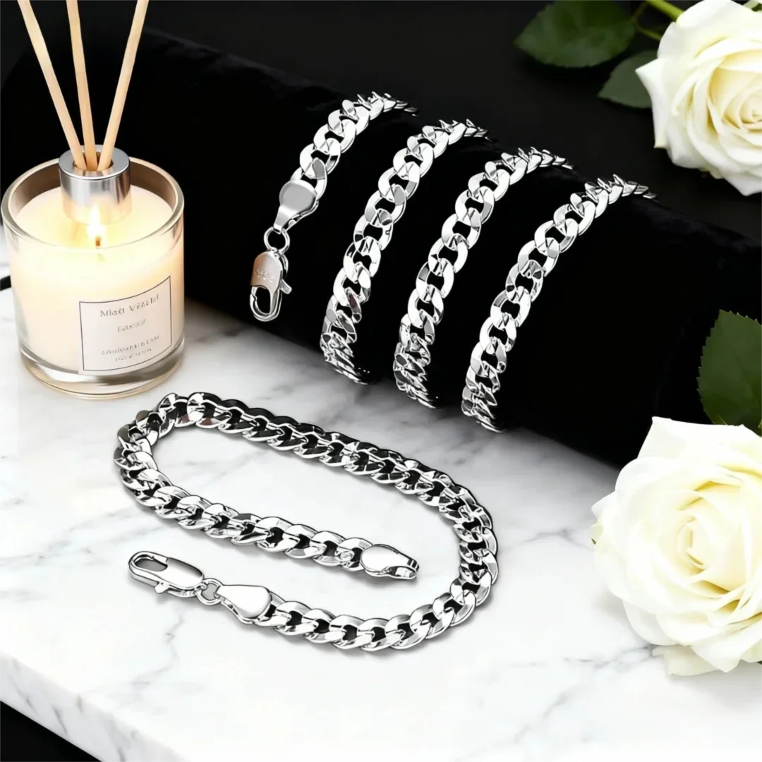 

Роскошный дизайнерский комплект украшений из стерлингового серебра 925 пробы, браслеты-цепочки 7 мм, ожерелья, ювелирный набор для мужчин и женщин, модный подарок на вечеринку, свадьбу