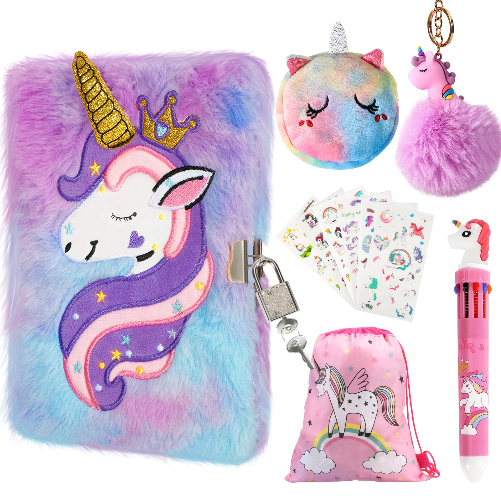 Diario de unicornio de peluche con cerradura para niños, candado bonito, cuaderno secreto, escuela de estudiantes, papelería de tamaño A5, Bloc de