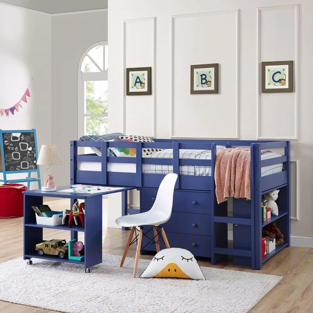 

Children Beds- with Storage Pine Wood Loft Bed Twin for Kids Twin Loft Bed with Cabinet Ladder, Safety Guard Rails