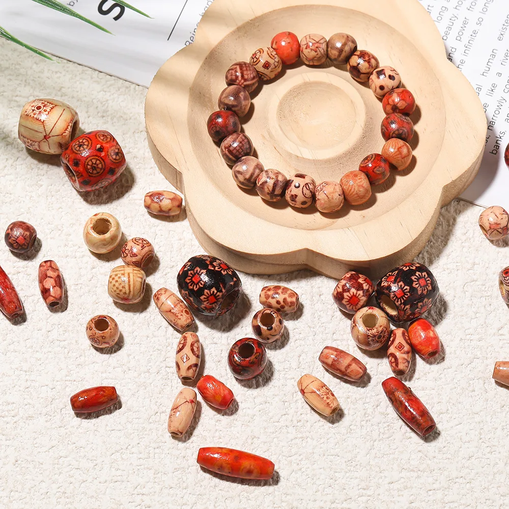 

NEW DIY Beaded Painted Pattern Wooden Beads Large Hole Beads Printed Barrel Beads Hand-made Bracelet Beaded Materials