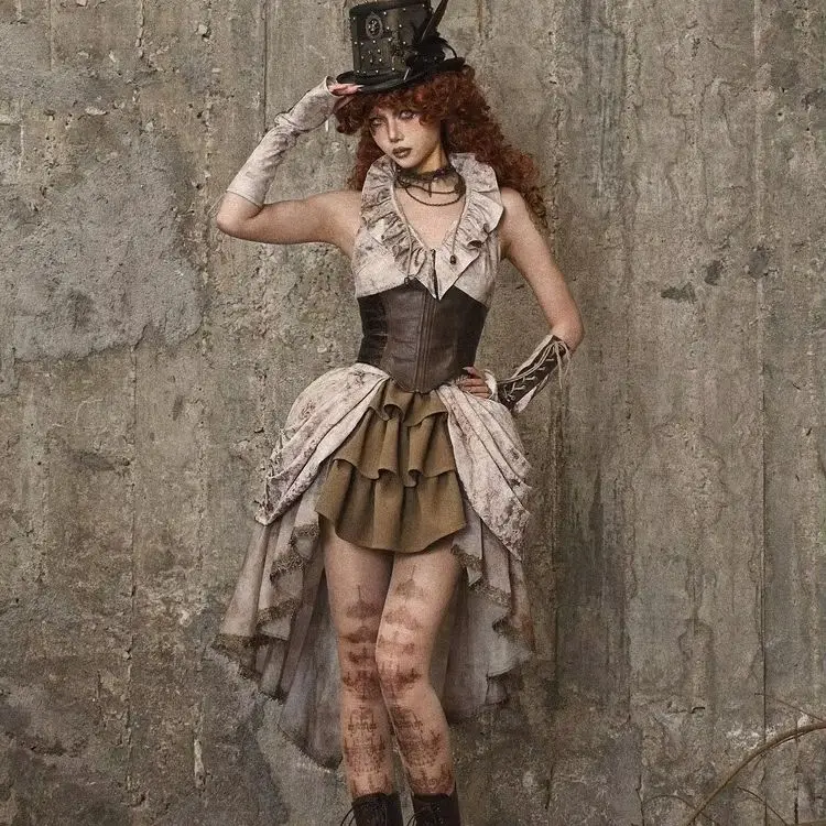 Blood Supply Original Gothic Autumn Ball Gown Dobby Asymmetric Skirt Lace Tie-dyed Multi Layers Mid Cake Skirt