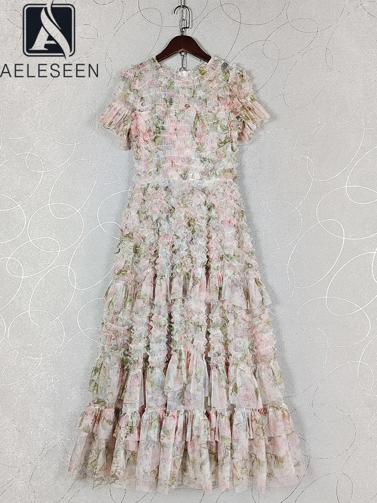 

AELESEEN Fashion Designer Long Dress Summer Short Sleeve 3D Appliques Ruffles Flower Print Edible Tree Fungus Party Prom