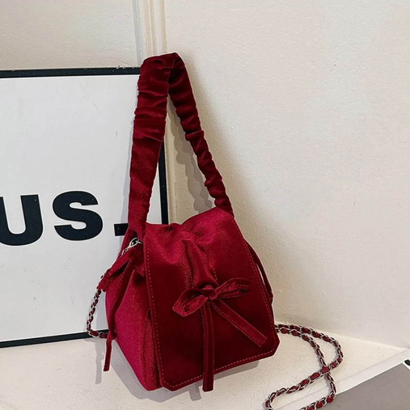 Solid Color Velvet Bow Chain Hasp Shoulder Bags New Large Capacity Retro Handbags Simple Sewing Thread Soft Youth Crossbody Bags