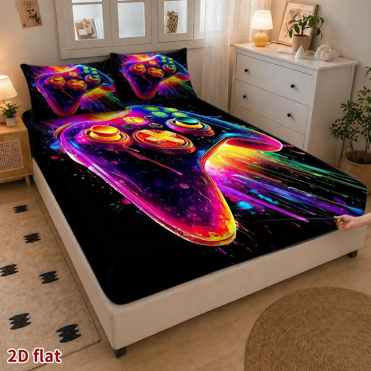 3-Piece Mattress Protector Set, 1 Fitted Sheet + 2 Pillowcases (Without Filling) 2D Flat Priting, Colorful Game Controller Theme, Abstract Art Style, Video Game Festival, Suitable for All Seasons, Machine Washable, Can Be Used in Home, Dormitory, Master Bedroom, Guest Room