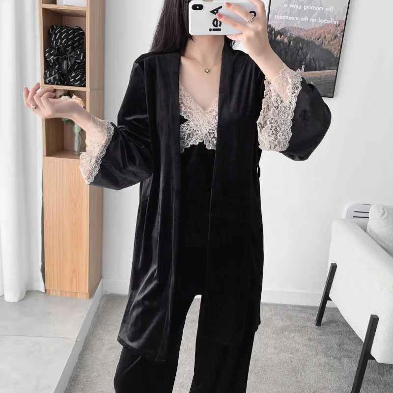 New Autumn Velvet Sling Three-piece Set Pajamas Lace Trim Bath Robe Nightgown Loose Casual Velour Solid Home Clothes