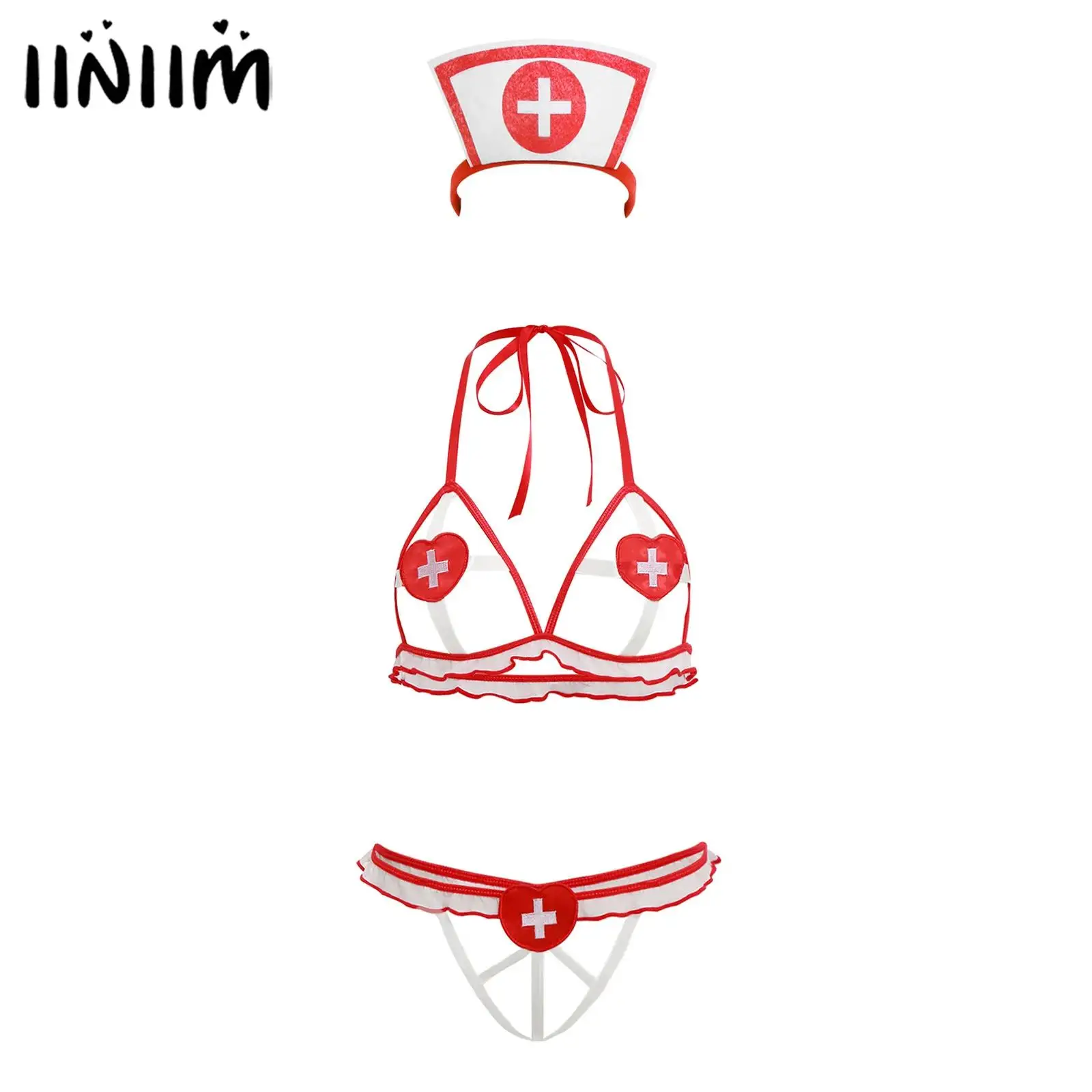 

Womens Spicy Nurse Cosplay Lingerie Set Cut Out Open Cup Halter Bra Top with T-back Thong Headwear Ruffled Trim Sexy Costumes