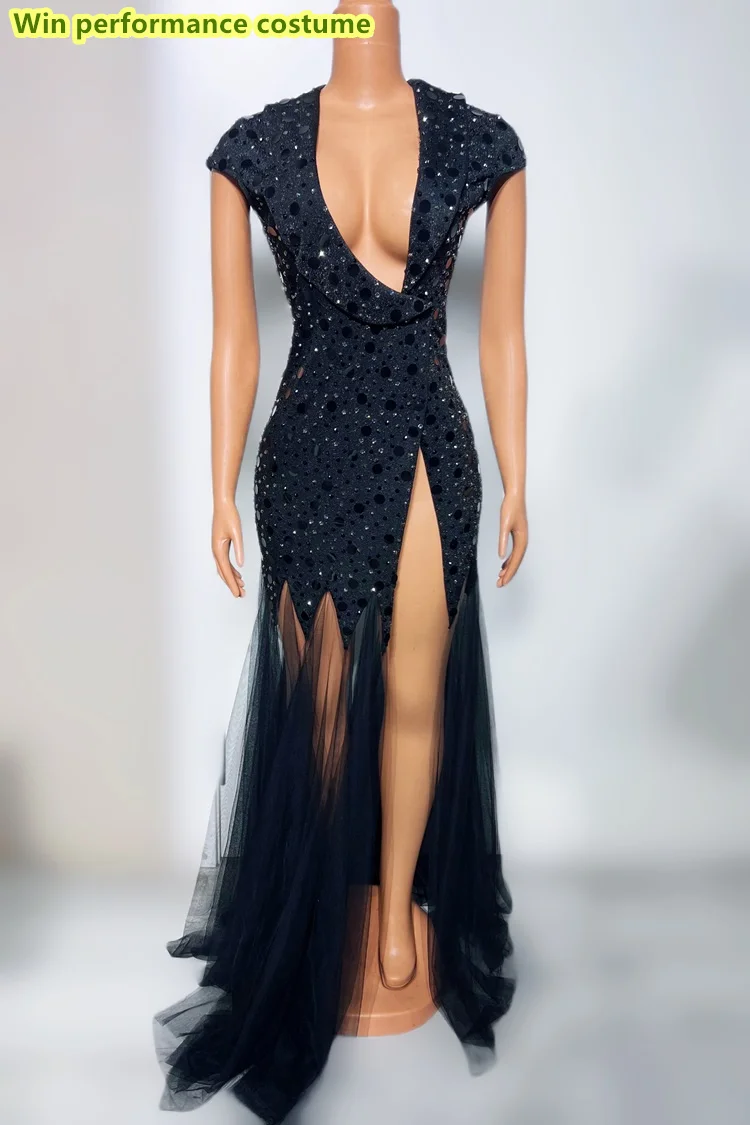 Vestido largo ajustado y Sexy de malla con abertura larga y cuello en V profundo, sensación personalizada de alta gama, disfraz de actuación de fiesta