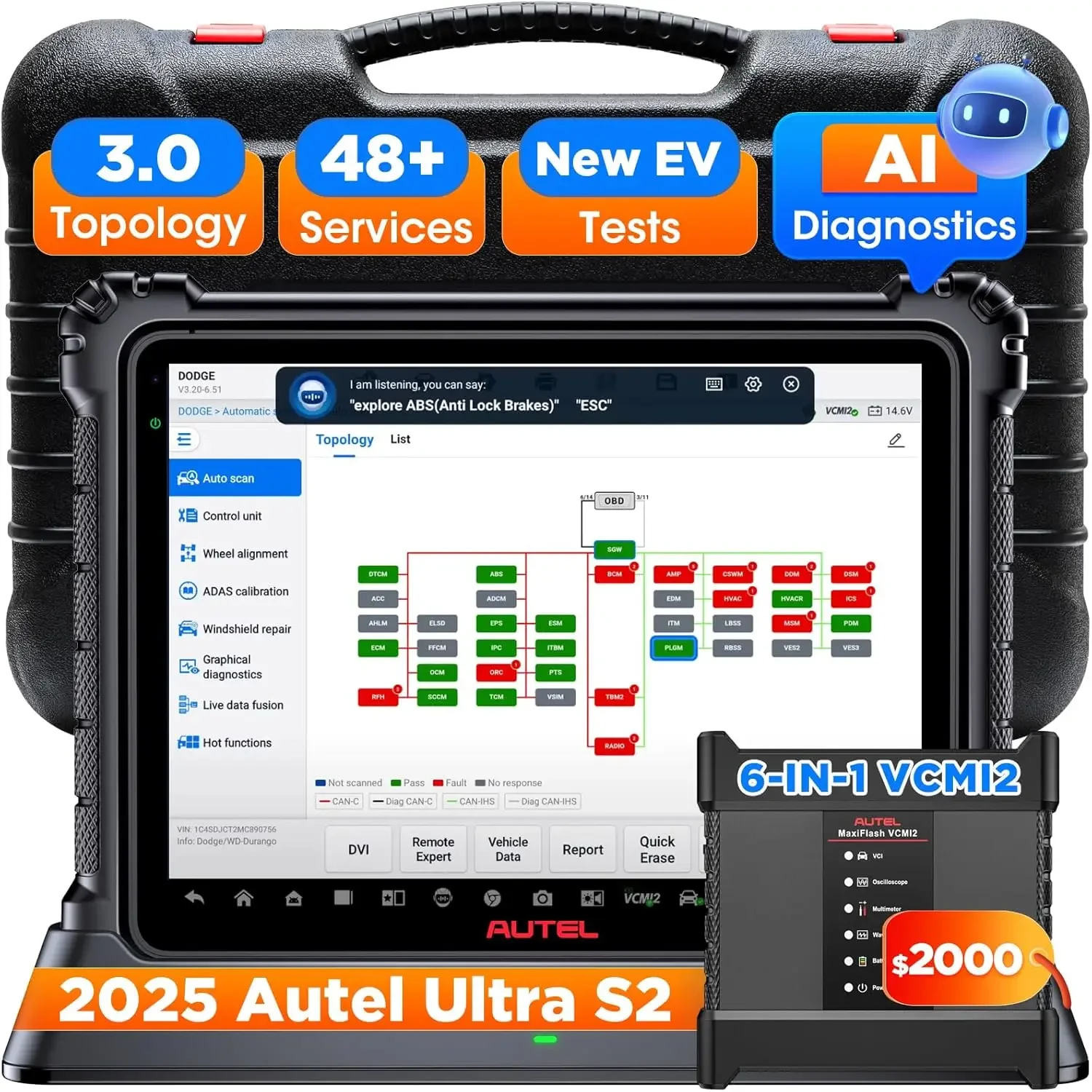 

Ultra EV MSUltra Elite II Pro MS909 MS919, 6-in-1 VCMI2, Topology 3.0, Motor Truspeed, 48+ Service, ECU Programming, EV Tests