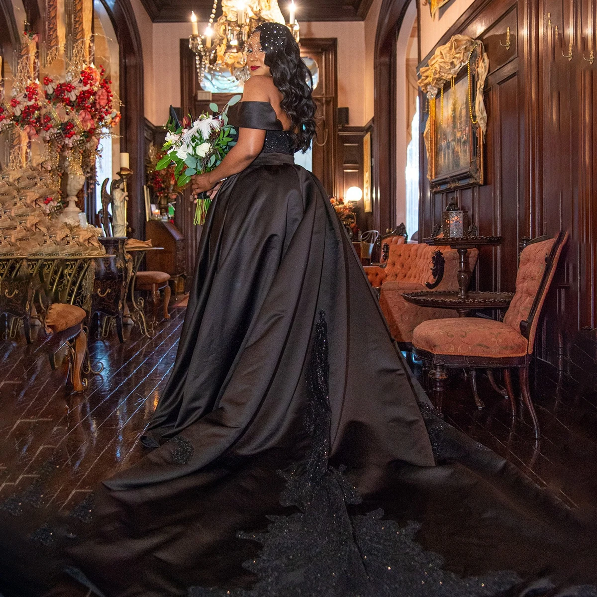Customized Dubai Black Shining Bridal Gowns Mermaid With Detachable Satin Train Islamic Off Shoulder Puffy Gothic Wedding Dress