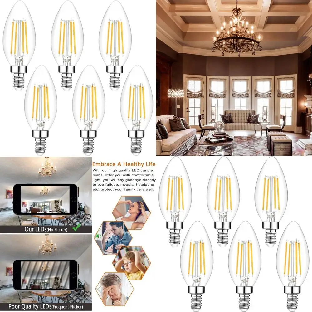 

Набор из 6 диммируемых светодиодных ламп E12 мощностью 40 Вт, 2700K, теплый белый свет, 450 люмен, винтажные лампы B11 для люстр, прозрачное стекло