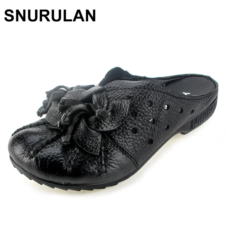 

SNURULAN Woman Genuine Leather Shoes For Woman Slippers Slip-On Outdoor Slippers Women Shoes Flat with Sandals Floral