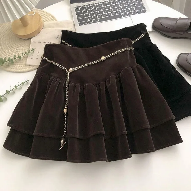 التنانير الفتيات الخريف الربيع جديد مرونة الخصر تنورة عالية الخصر المخملية تكدرت حافة قصيرة ملابس الأطفال خمر #3