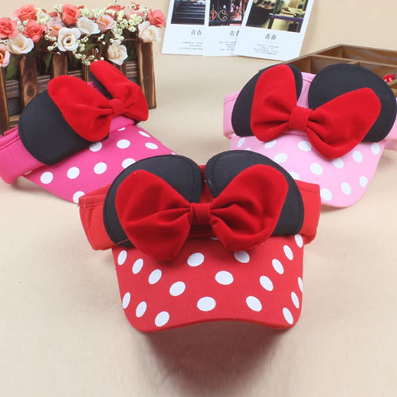 Disney Hat Minnie Mouse Cartoon Hat Minnie Bow Sunscreen Empty Top Hats for Girls Summer Outdoor Sun Protection Visor Cap Gifts