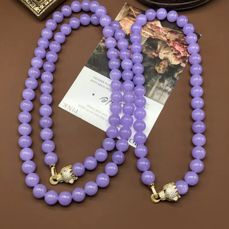 

Medieval Jewelry Purple Chalcedony Round Beads Beaded Long Short Copper Leopard Head Necklace Fashionable and Elegant Temperamen