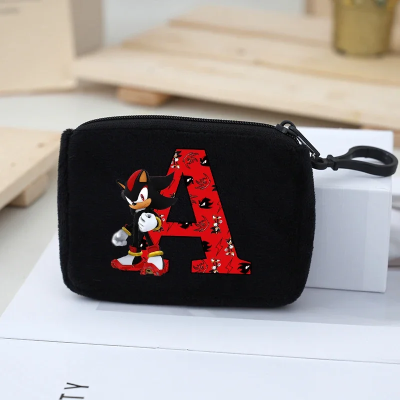 Sonics Plush Coin Purse Cartoon Letter A-Z Printed Wallet Mini Square Change Pouch Headphone Bag Key Holder Cute Anime Kids Gift