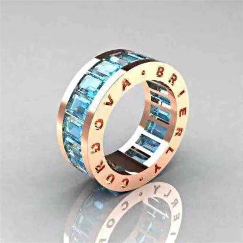 Classical Gold Colors Rings for Women Trendy Metal Inlaid Blue Stone Wedding Engagement Jewelry