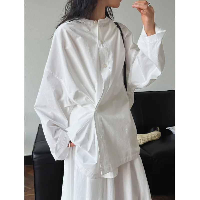 

Women Side Button Shirts Spring Summer Round Neck Single Breasted Loose Tops Fot Minimalist