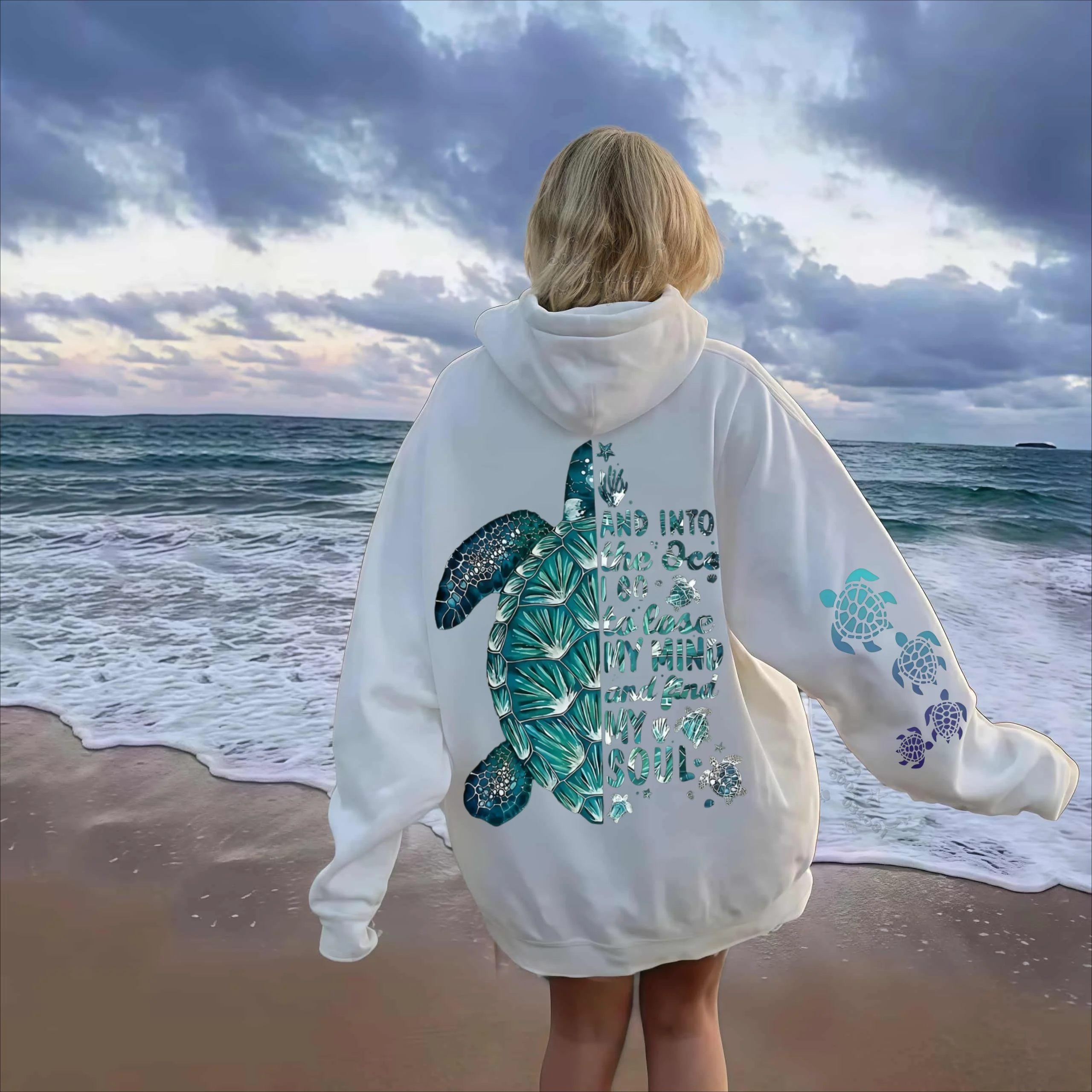 American style beach wind blue-green sea turtle back letter print hooded sweatshirt oversized loose long-sleeved casual top
