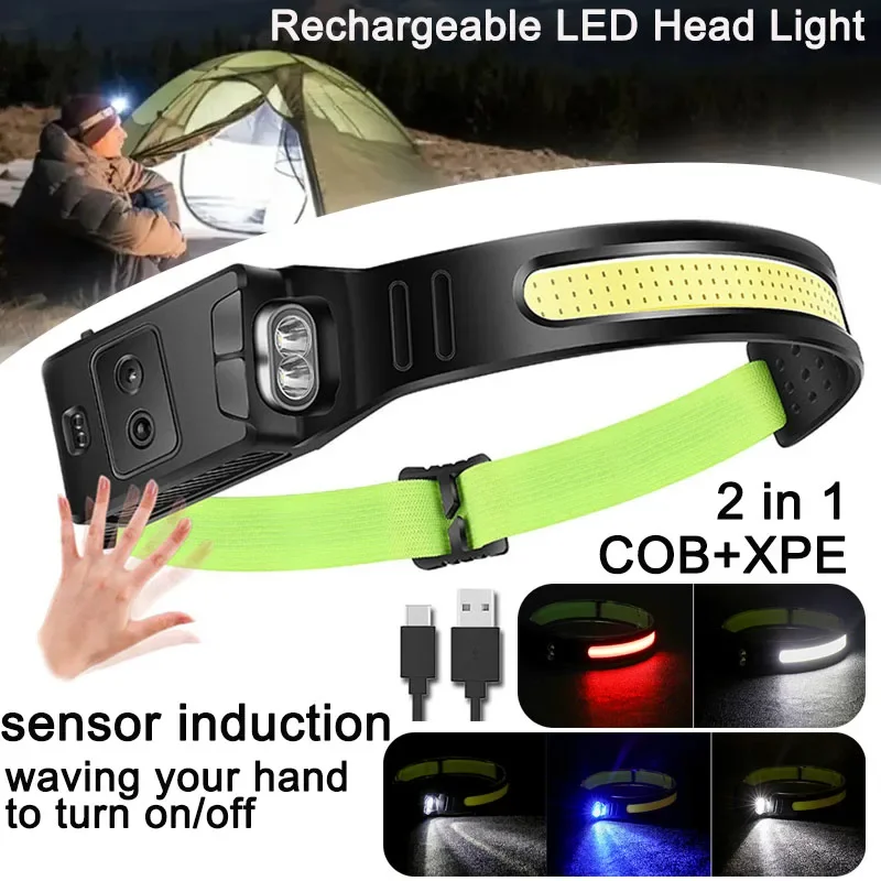 LED COB XPE Cabeça Lanterna, Ciclismo Farol, Alta Iluminação, Caminhadas e Camping Farol, Lanterna Cabeça Recarregável, 2 em 1