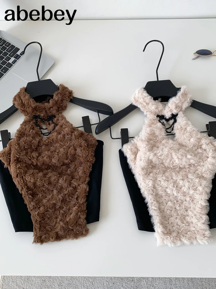 Turtleneck Fur Sexy Club Tank Top Women Fashion Bow Sleeveless Chic Camisole Streetwear Korea Fluffy Backless Mini Top