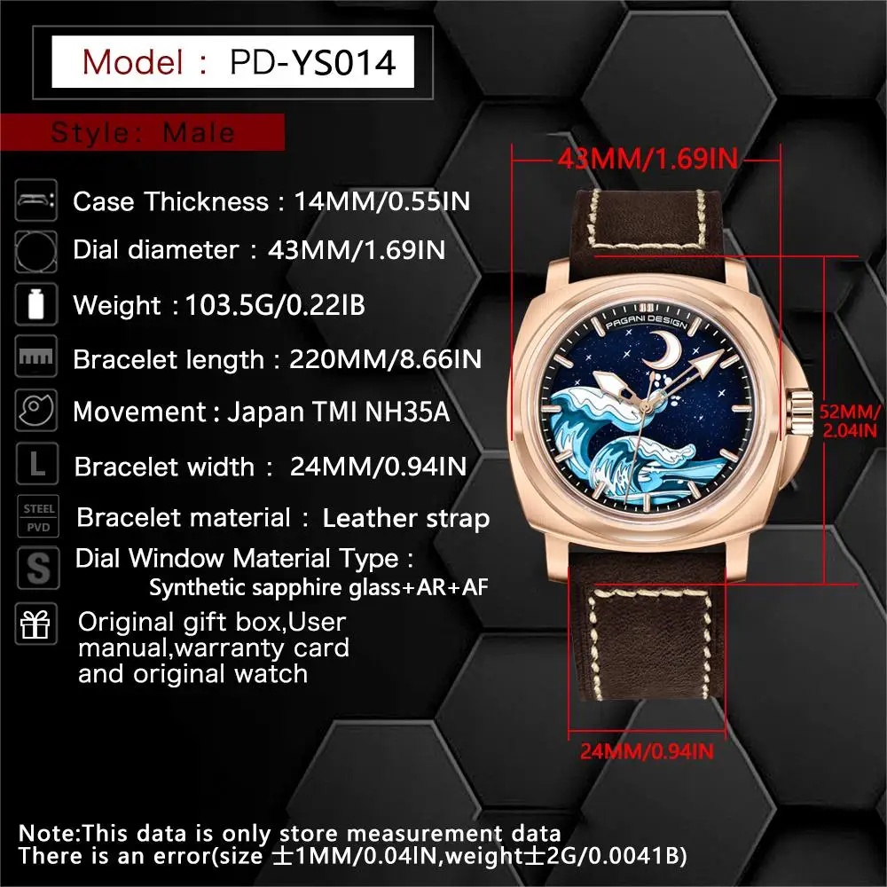 PAGANI DESIGN Mechanical Wristwatch Luxury Sapphire NH35 Automatic Movement Fashion Rose Gold Wave Watch for Men Reloj Hombre