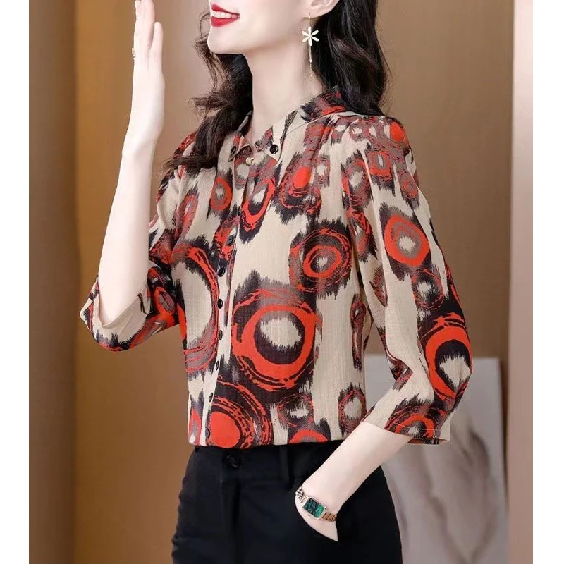 Women\'s Clothing Vintage Printed Elegant Button Up Shirt Spring Summer Korean Fashion 3/4 Sleeve Blouse Loose Ladies Tops Blusas