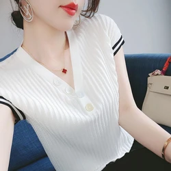 Summer New Fashion Loose Solid Pit Knit Short Sleeved T-shirt Women's V-neck Patchwork Button Korean Casual Versatile Thin Tops